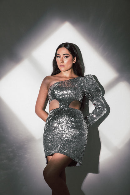 onna dress - one shoulder silver sequins above knee dress with two opening
