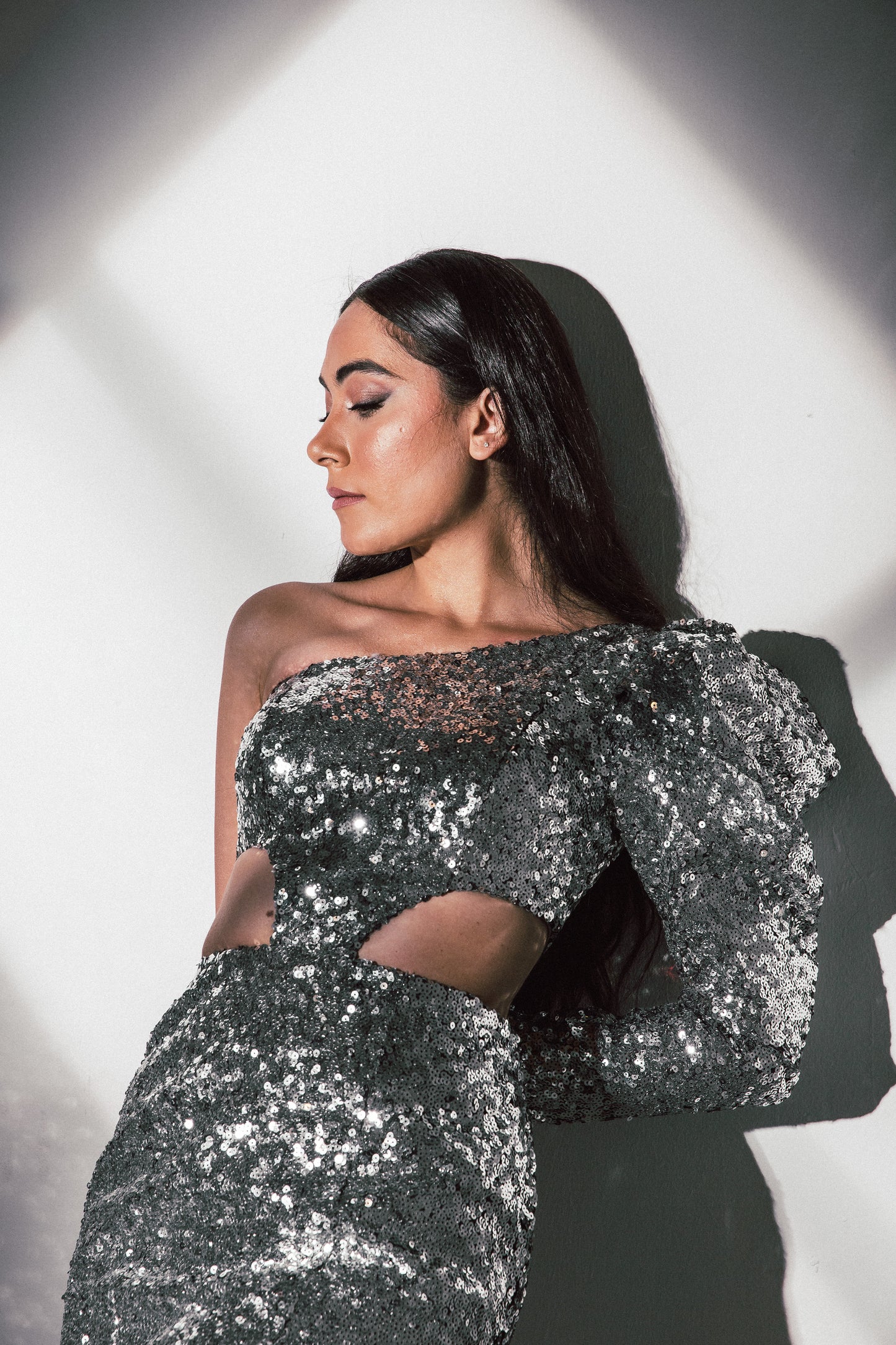 onna dress - one shoulder silver sequins above knee dress with two opening